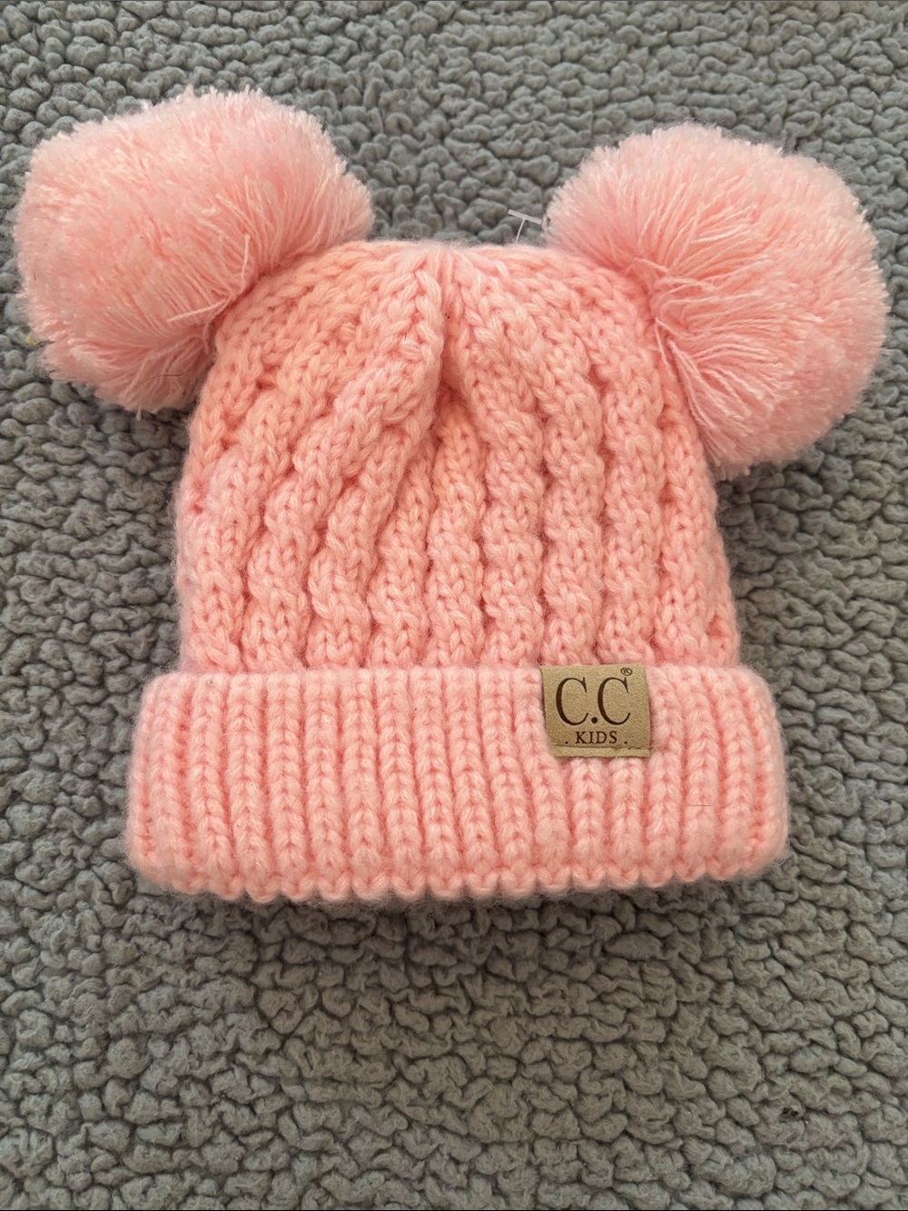 NWOT C.C Kids Light Pink Double Pom Cable Knit Beanie